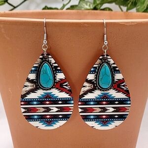 Bohemian Aztec Print Wood Teardrop Earrings With Turquoise New
